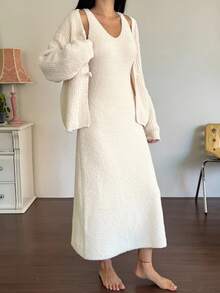 DAZY Set de 2 piezas de vestido y ropa de estar en casa de punto de unicolor para mujer, ropa de otoño/invierno, pijama, conjunto cómodo con forro polar