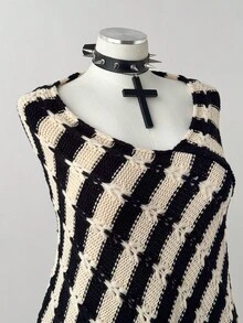 Sunspun Plus Size Women's Y2K Style Casual Black & White Striped Handmade Tasseled Knit Poncho Sweater, Suitable For All Seasons, Ideal For Vacation Outfits Fall Winter Cloth For Women Autumn