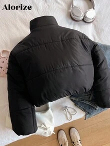 Manteau court rembourré avec col montant, décoration de nœud en ruban noir, décontracté pour préadolescentes et adolescentes, chaud