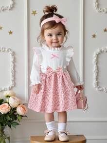 SHEIN Vestido de jacquard con parches florales y moño 3D para niñas, atuendo casual diario, lindo y elegante para vacaciones