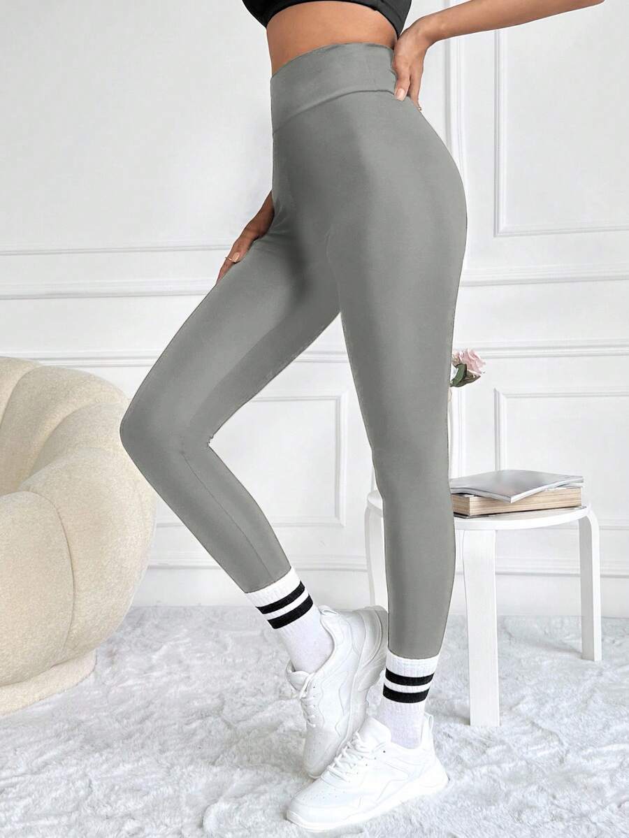 SHEIN Cottnline Wide Waistband Solid Leggings - Grey - View 1