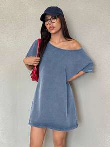 SHEIN EZwear 水洗蓝色针织西部音乐节复古做旧不对称领口宽松T恤连衣裙 - 藍色 - 查看 5