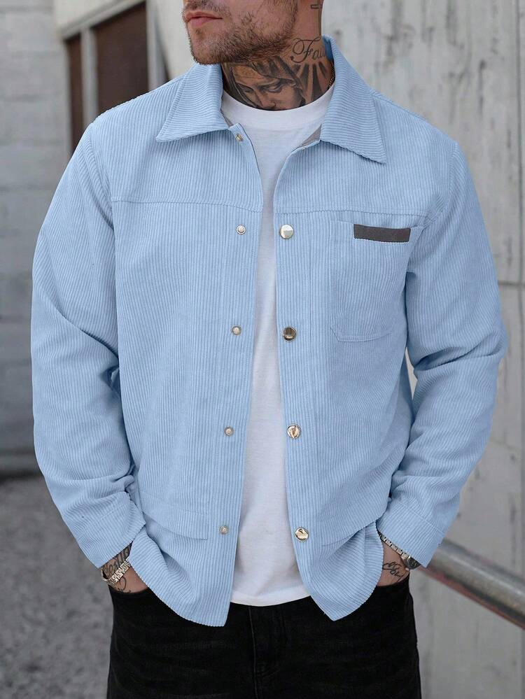 Manfinity Homme Men's Casual Versatile Simple Long Sleeve Jacket, Autumn Sky Baby Blue Corduroy Jacket - Baby Blue - View 8