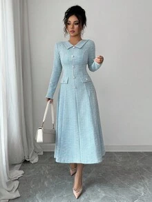 Elenzga 女士蓝绿色纹理面料翻领收腰A字中长连衣裙，饰有金属仿珍珠纽扣，优雅别致的设计，适合教师、约会等场合，长袖收腰中长连衣裙 - 薄荷藍 - 查看 5