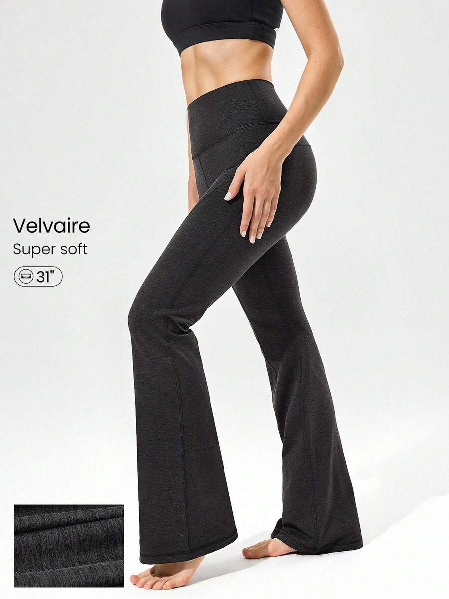 GLOWMODE 31英寸Softy Velvaire超高腰弧形接缝喇叭紧身裤，低冲击瑜伽普拉提工作室日常休闲装 - 黑色 - 查看 1