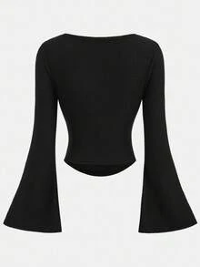 Girlism Áo thun tay dài dáng rộng cổ điển thanh lịch, nhún eo cho bé gái tuổi teen, áo cánh đa năng - màu đen - Xem 2