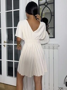 Ronhire Combinaisons courtes élégantes pour femmes, de couleur unie, col en V profond, manches chauve-souris plissées