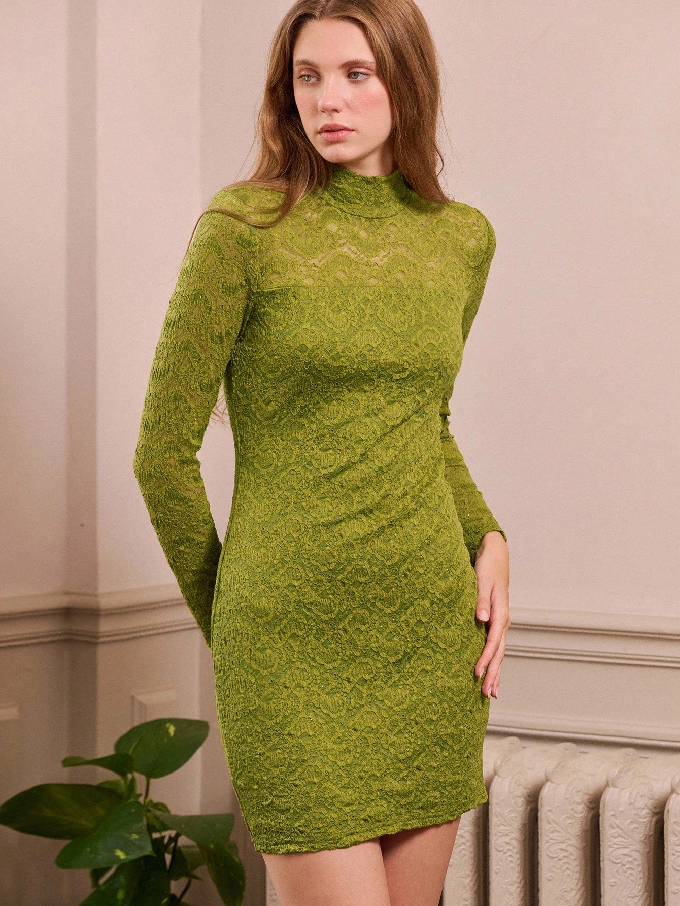 Green Stretch Lace High Neck Long Sleeve Fitted Mini Dress Spring Summer Party Outfits Fall Women Clothes Spring Summer