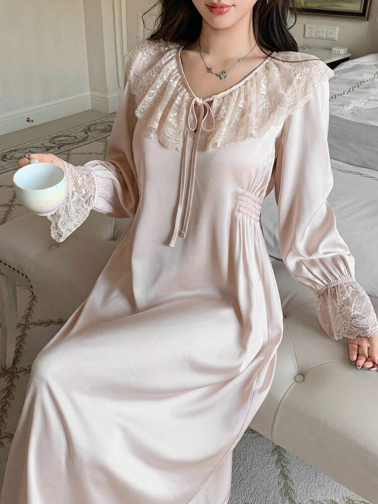 Charming Satin Lace Trim Waist Cinched Long Women Nightgown, Fall Pajama, Winter