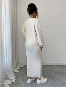 Elenzga 女士优雅 V 领开衫上衣和紧身裙 2 件套毛衣套装 - 杏色 - 查看 2