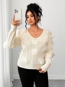 Elenzga Plus Size Women V-Neck 3D Floral Long Sleeve Pullover Sweater, Autumn Fall Winter Cloth For Women