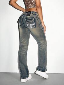 SHEIN PETITE 女式休闲水洗复古低腰喇叭牛仔裤 - 藍色 - 查看 2