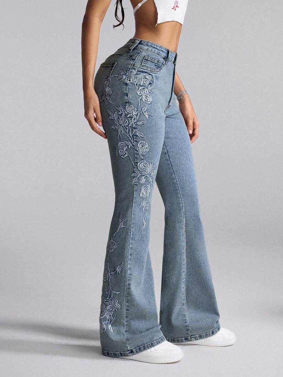 SHEIN EZwear Quần jeans ống loe cạp thấp thêu hoa thanh lịch dành cho nữ - Màu xanh lam - Xem 1