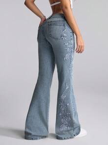 SHEIN EZwear Quần jeans ống loe cạp thấp thêu hoa thanh lịch dành cho nữ - Màu xanh lam - Xem 2