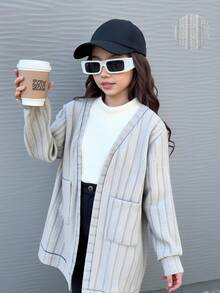 Tween Girls' Solid Ribbed Long Sleeve Pocket Casual Jacket - Grey - View 5