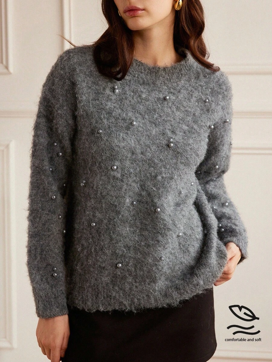 GENKIRA Women's Elegant Faux Pearl Decor Loose Fluffy Knit Pullover Sweater, Autumn/Winter - Dark Grey - View 1