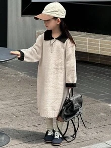 DAZY 少女撞色韩版中长款毛衣裙秋冬 - 杏色 - 查看 4