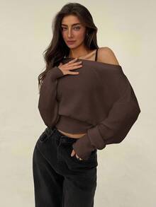 Aloruh 米色超大碎花不对称肩部浪漫宽松针织毛衣，秋冬 - 棕色 - 查看 4