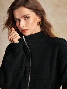 House of One Zip-Up Mock Neck Oversized Black Sweater Women Casual Autumn Winter
