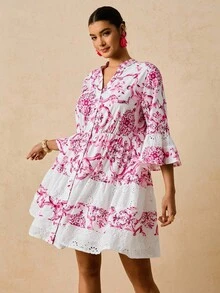 Travachic Plus Size Romantic Pink Floral Print Mandarin Collar 3/4 Sleeve Embroidered Patchwork Belted A-Line Short Dress, New Arrival For Autumn - Pink - View 5