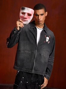 ROMWE MEN Friday the 13th X ROMWE Men's Letter & Mask Graphic Casual Long Sleeve Denim Shirt - Black - View 5