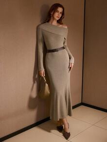 MOTF PREMIUM 秋冬不对称领口连衣裙 - 駝色 - 查看 3