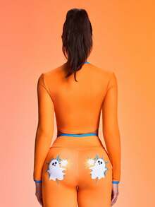 Gameset SHEIN Sport Women's Halloween Ghost & Spider Web Graphic Long Sleeve Sports T-Shirt,Orange And White,Autumn,Athleisure,Gym Workout Yoga Top Activewear Fitness Set - Orange - View 5
