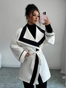 Elenzga Tie-Up Colorblock Elegant & Sophisticated Women's Regular Jacket Trench Coat - Multicolor - View 4