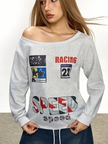 INAWLY 2025 Women's Fashion Pattern Oblique Shoulder Sweatshirt Jacket - Light Grey - View 1