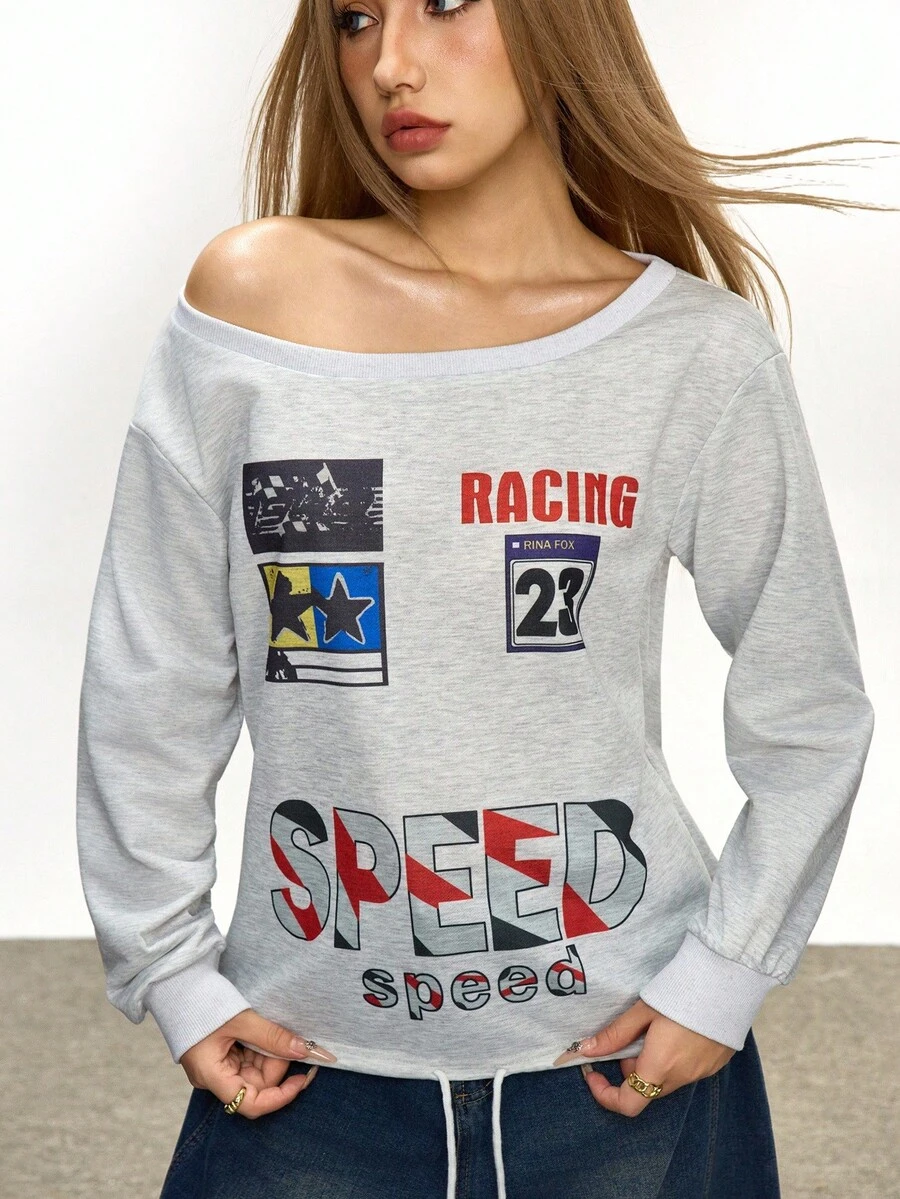 INAWLY 2025 Women's Fashion Pattern Oblique Shoulder Sweatshirt Jacket - Light Grey - View 1