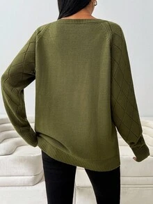 EURMUSE Áo len cổ tròn dệt kim gân cỡ nhỏ thường ngày cho nữ - Màu Khaki - Xem 2