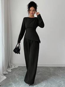 SHEIN Raffinéa 2pcs/Set Women Round Neck Solid Color Pleated Asymmetrical Hem Long Sleeve Top - Black - View 8