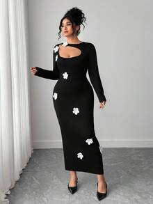 SHEIN PETITE CURVE 优雅都市长袖性感腰部收腰3D花卉大码女式连衣裙 - 黑色 - 查看 3