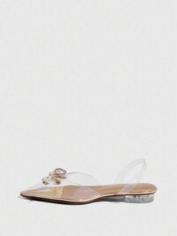 CUCCOO SZL Women's Pointed Toe Low Heel Flats With Transparent Strap, Rhinestone, Pearl, Bow Decor, Sexy & Elegant Backless Slip-On Flat Shoes For Christmas Spring Shoes