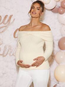 Loomaby Maternity Solid Color Twist Knot Off Shoulder Ribbed Long Sleeve Sweater - Apricot - View 4