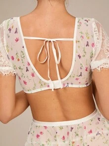 Enchnt Floral Underwire Puff Sleeve Lace Patchwork Top + Thong + Skirt 3pcs Set Bridallingerie - White - View 4