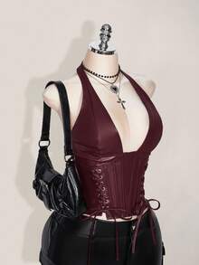 SHEIN ICON 大码女式纯色简约休闲 PU 皮革露背领扣眼装饰系带背心 Y2K 外出酒红色 V 领露肩上衣 - 酒紅色 - 查看 8
