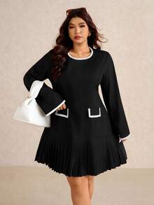 Elaquor Robe décontractée à manches longues, col rond et volants pour femmes grandes tailles - Noir - Voir 5