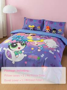 THE POWERPUFF GIRLS X SHEIN 3件組可愛卡通人物與枕頭圖案舒適被套組，適用單人床/雙人床/加大雙人床/特大雙人床，適合宿舍/居家 - 淡紫色 - 查看 9