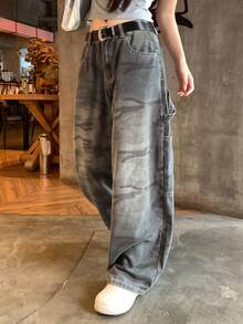DAZY 女士水印休闲宽松牛仔裤，韩版街头风低腰牛仔裤 - 深灰色 - 查看 7