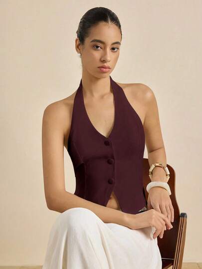 Airaco Top halter ajustado de unicolor y espalda descubierta, sexy y minimalista, para verano