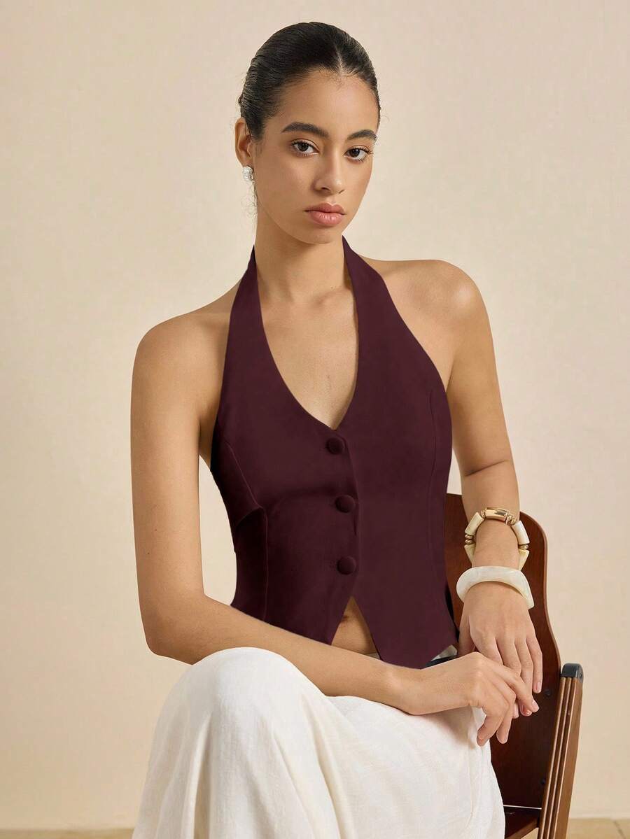 Airaco Áo hở lưng ôm sát màu trơn tối giản gợi cảm dành cho nữ, mùa hè - Màu Đỏ Sâu - Xem 1