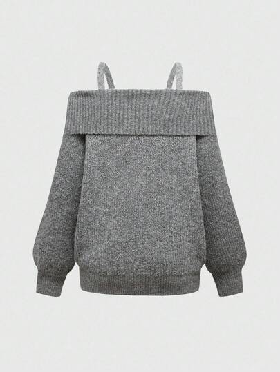 Goth Pull oversize tricoté ample dans le style sous-culture punk Y2K avec design croisé en fourrure épaule dénudée pour femmes