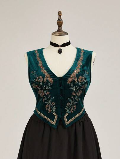 EDITION Plus Size Medieval Vintage Floral Embroidered Velvet Vest