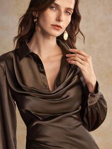 House of One Collared Bishop Sleeves Solid Satin Cowl Neck Mini Dress Women Autumn Elegant Casual Wear