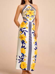 CAJUNI Vestido largo de verano con estampado brasileño en azul y amarillo, con escote halter, espalda descubierta y cintura con lazo para mujer