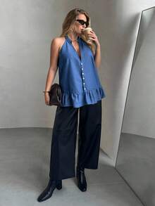 SHEIN Privé 大码女式夏季无扣V领无袖牛仔衬衫 - 中等水洗藍 - 查看 2
