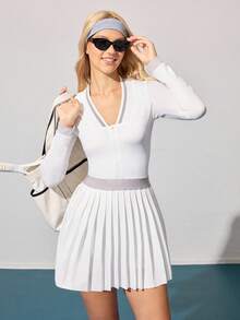 CourtClass Women's Striped V-Neck Long Sleeve Zip Front Pleated Hem Sports Dress - White - View 6