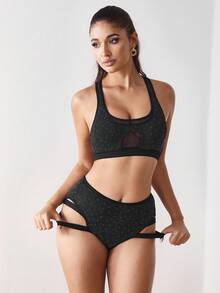 Menodora SHEIN Sport Women's Shiny Mesh Patchwork Sports Bra And Hollow Out Design Briefs Set Glow Mode Active Wear Sports Bras - Black - View 5