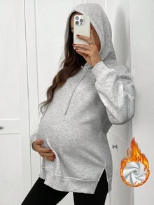 SHEIN Fall Clothes,Autumn Clothes,Maternity Autumn/Winter Clothes Pregnant Women's Solid Color Hooded Drawstring Drop Shoulder Long Sleeve Casual Split Hem Sweatshirt - Light Grey - View 7